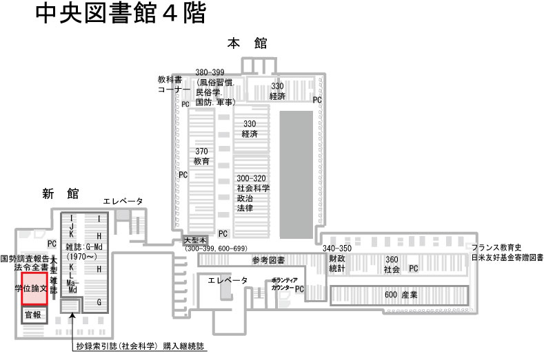 中央図書館4階の博士論文の棚の位置