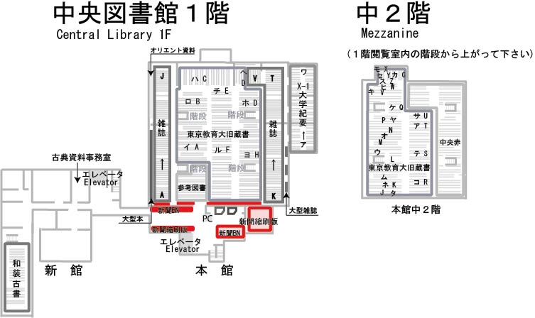 中央図書館本館1階の新聞バックナンバー・縮刷版の位置