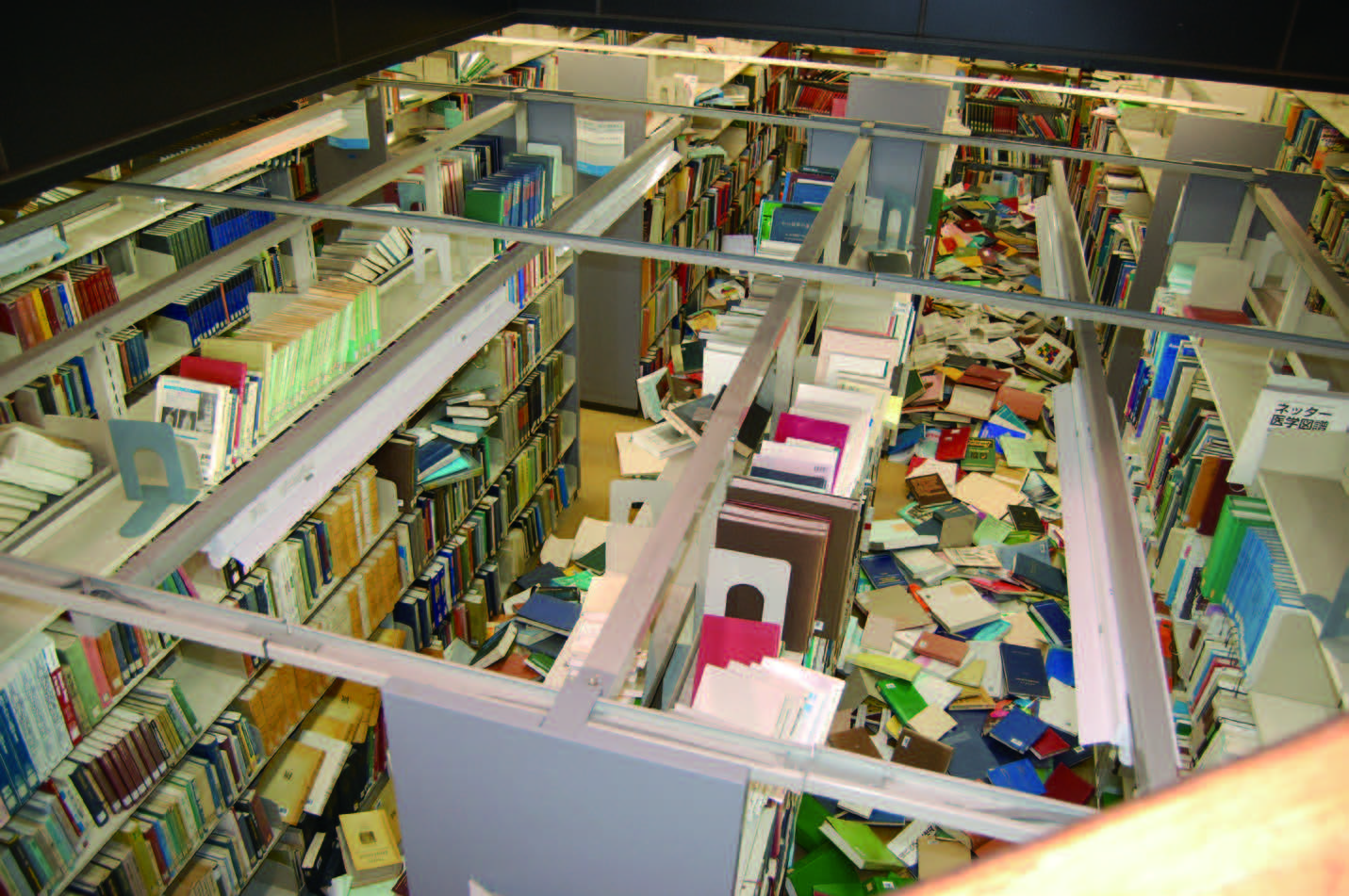 東日本大震災で被災した医学図書館の書架